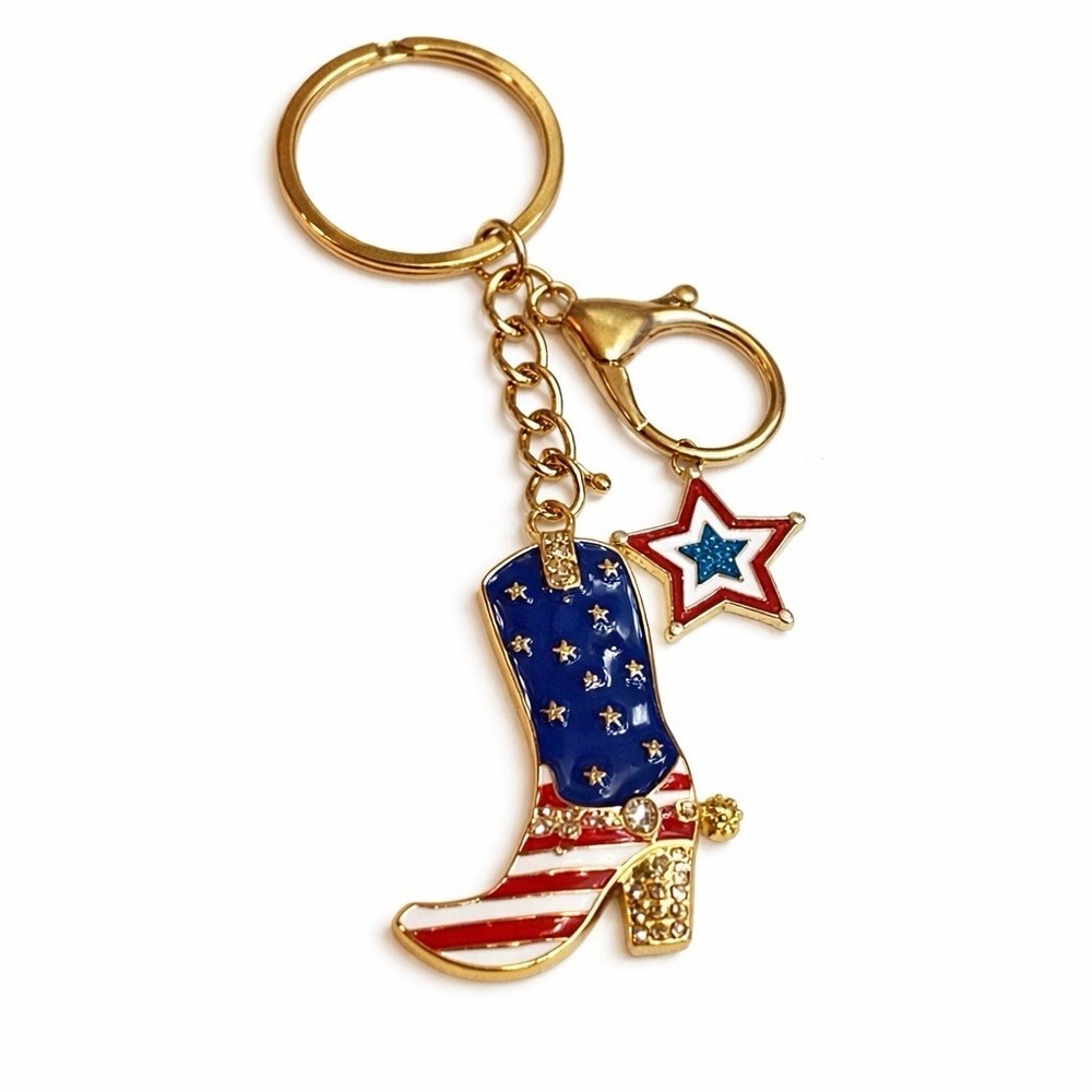 Western Cowgirl Patriotic Boot  & Star Gold Tone Keychain Purse Charm Rhinestone